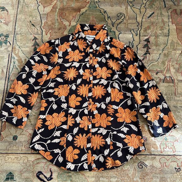 American Vintage Tops - Vintage Mod Flower Blouse Women's Large Orange Brown Retro Daisey By Millenium